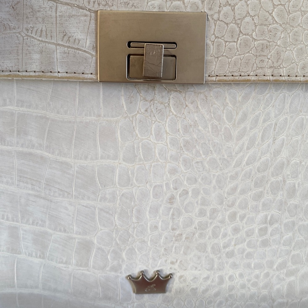 Elaine Turner Croc-Embossed Leather Handbag with Bamboo Top Handle, White - Picture 3 of 10